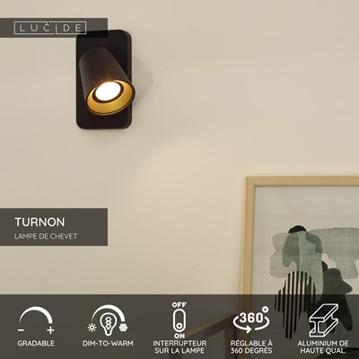Lucide TURNON - Lampe de chevet / Applique mural - LED Dim to warm - GU10 - 1x5W 2200K/3000K - Noir